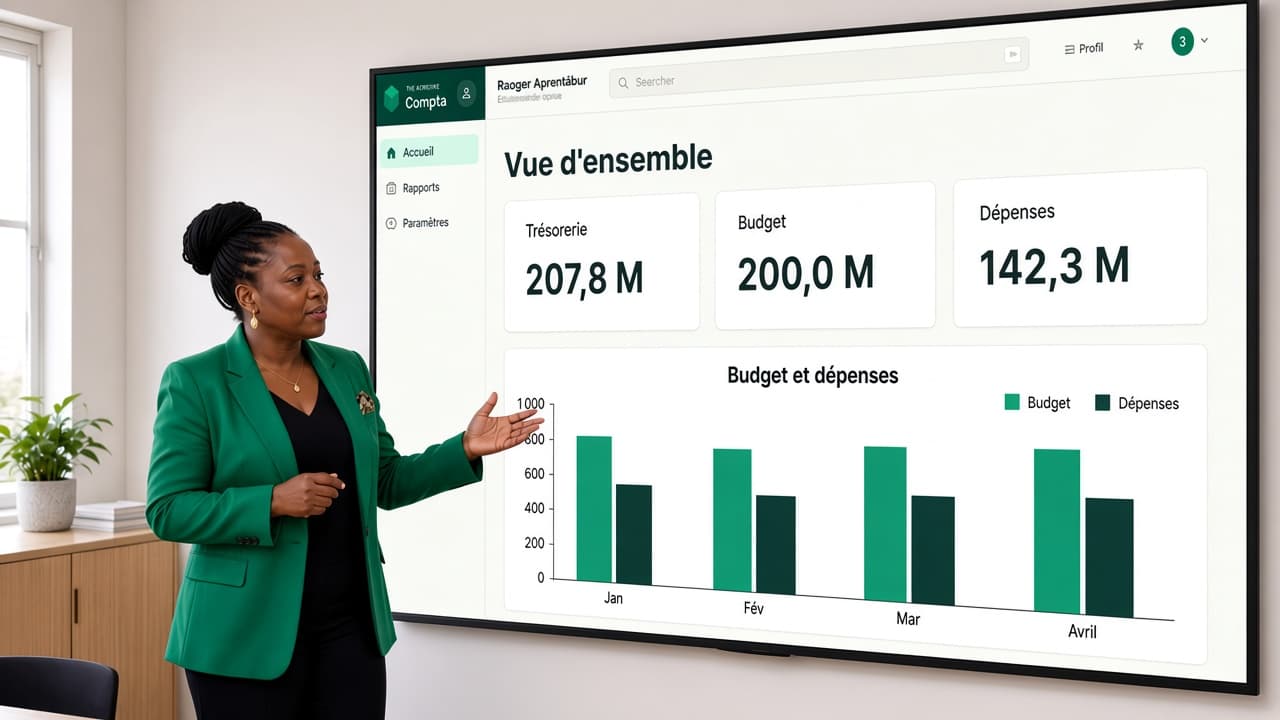 Tableau de bord : trésorerie, budget, dépenses, et le graphique de janvier à avril